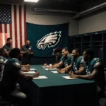 Philadelphia Eagles players signing reserve futures contracts around table with American flag and team logo behind