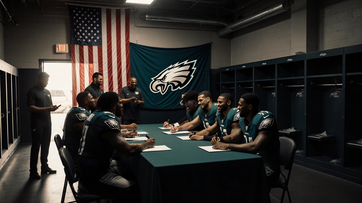 Philadelphia Eagles players signing reserve futures contracts around table with American flag and team logo behind