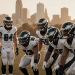 Eagles defense huddles on sidelines with golden hour glow and blurred Philadelphia skyline in background