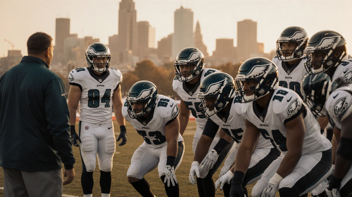 Eagles defense huddles on sidelines with golden hour glow and blurred Philadelphia skyline in background
