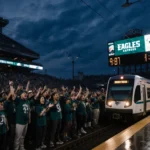 Sports express train pulling into NRG Station with lights reflecting on wet pavement and scoreboard flashing EAGLES