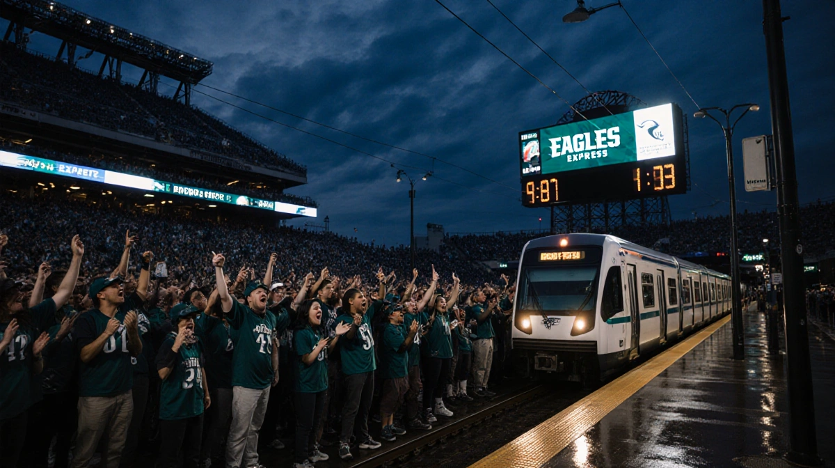 Sports express train pulling into NRG Station with lights reflecting on wet pavement and scoreboard flashing EAGLES