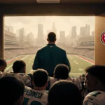 Eagles players huddle with coach Doug Pederson in locker room and Lincoln Financial Field behind them
