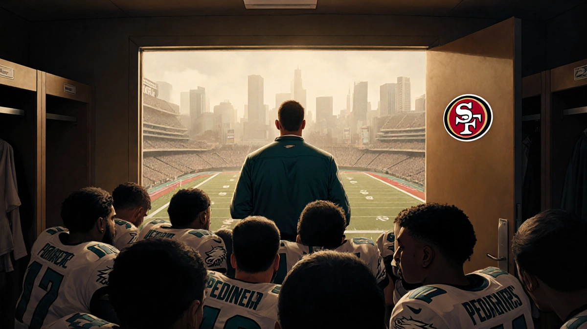 Eagles players huddle with coach Doug Pederson in locker room and Lincoln Financial Field behind them