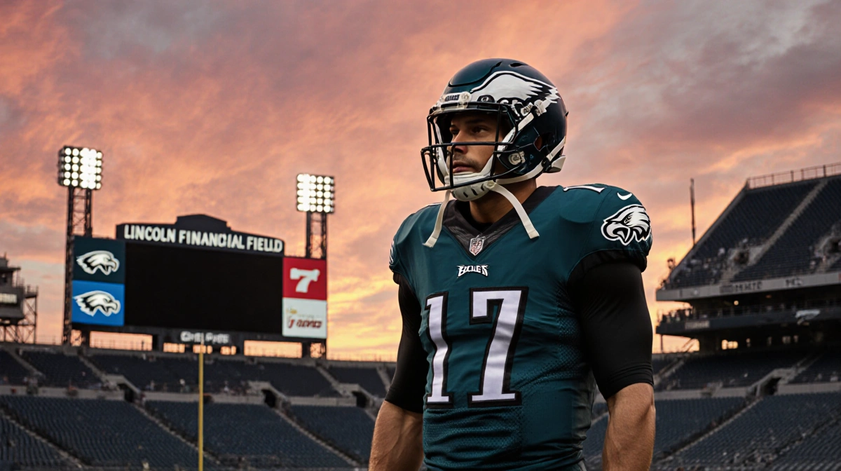 Philadelphia Eagles player stands alone under stadium scoreboard with sunset sky showing determination and empty seats