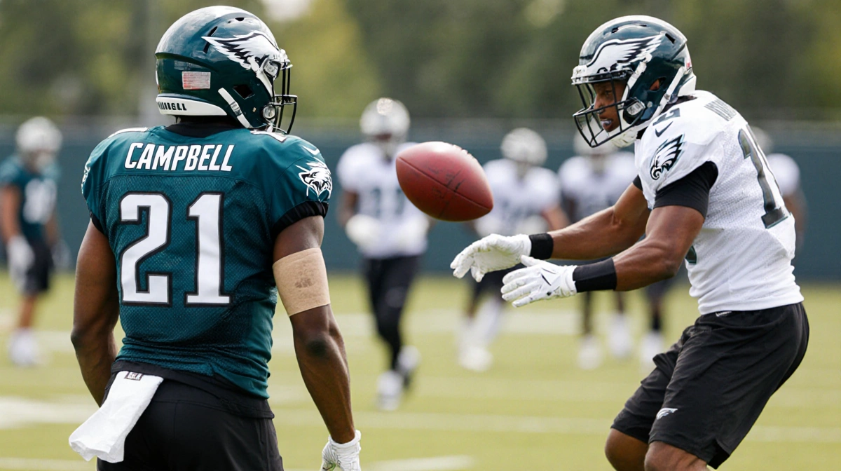 Jihaad Campbell tackles on practice field with injury tape and helmet Cameron Williams catches a field-goal ball blur