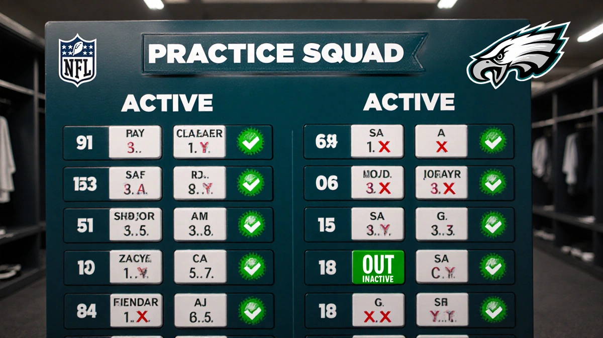 Philadelphia Eagles practice squad board shows two players elevated to active roster with green checkmarks and NFL logo