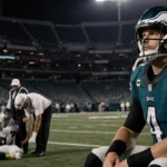 Football quarterback sits relaxed on sidelines with trainers attending teammates while rookie tackle stands beside his coach.