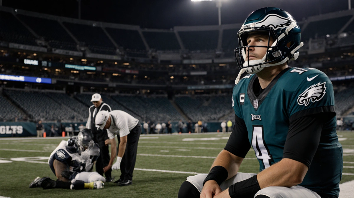 Football quarterback sits relaxed on sidelines with trainers attending teammates while rookie tackle stands beside his coach.