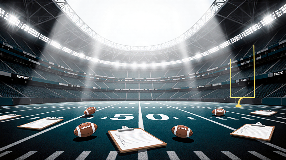 Empty Philadelphia Eagles field glows with midnight blue halo of light and footballs hinting at Super Bowl success