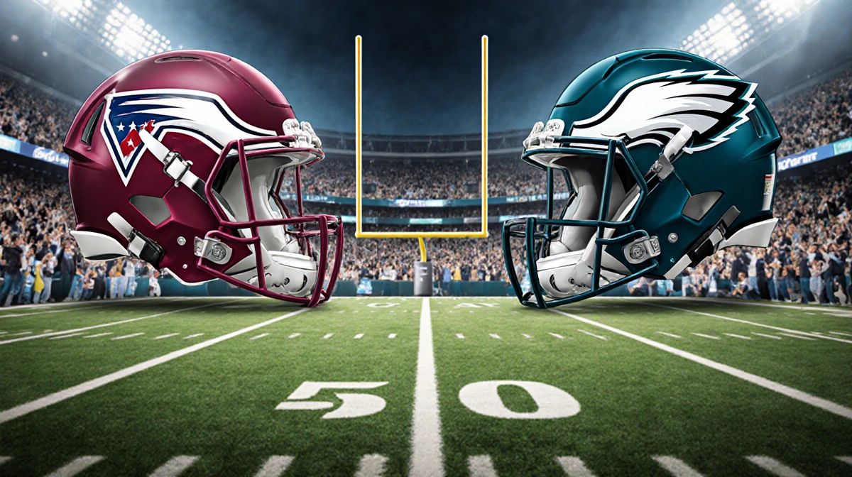 Philadelphia Eagles player sprinting toward midfield with Washington Commanders defenders and cheering stadium crowd