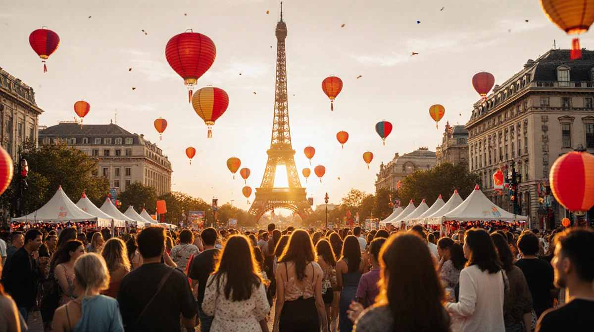 Diverse festival-goers celebrating under glowing lanterns with Independence Hall and golden sunset backdrop
