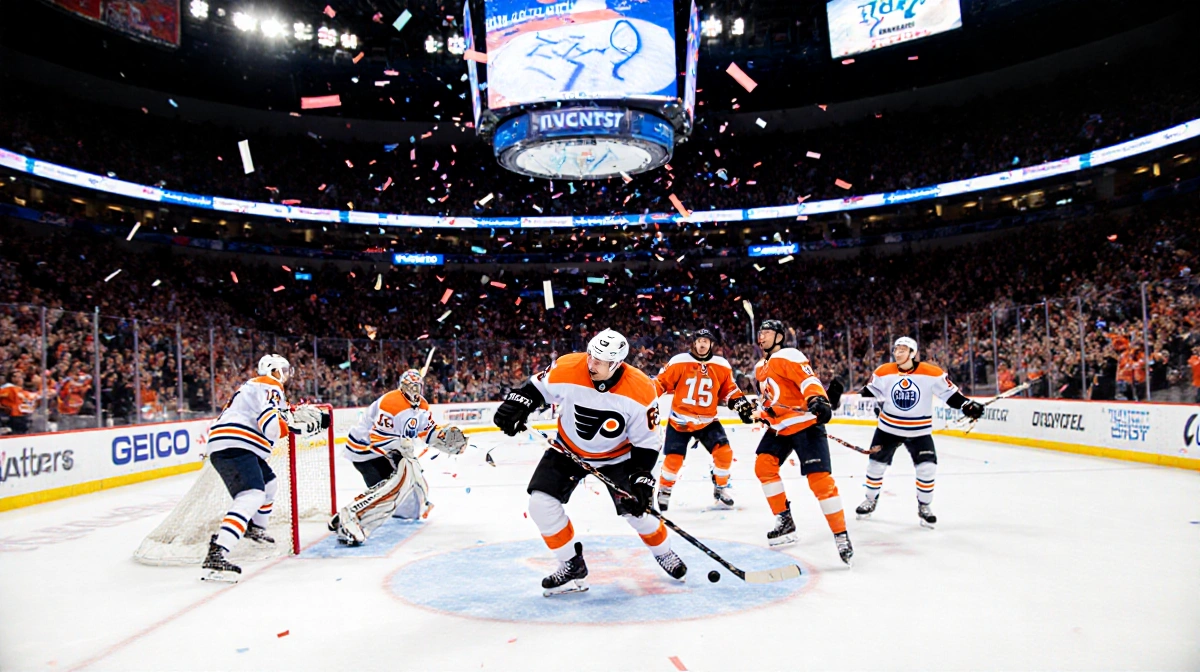 Barkey scores first career goal with puck past Oilers goalie while confetti explodes above scoreboard 5-2.