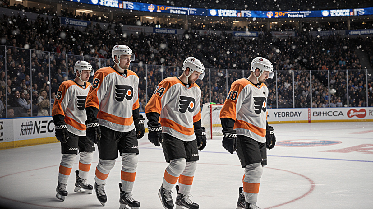 Philadelphia Flyers defeated players walking off the ice with disappointed faces in background and snowy windows.