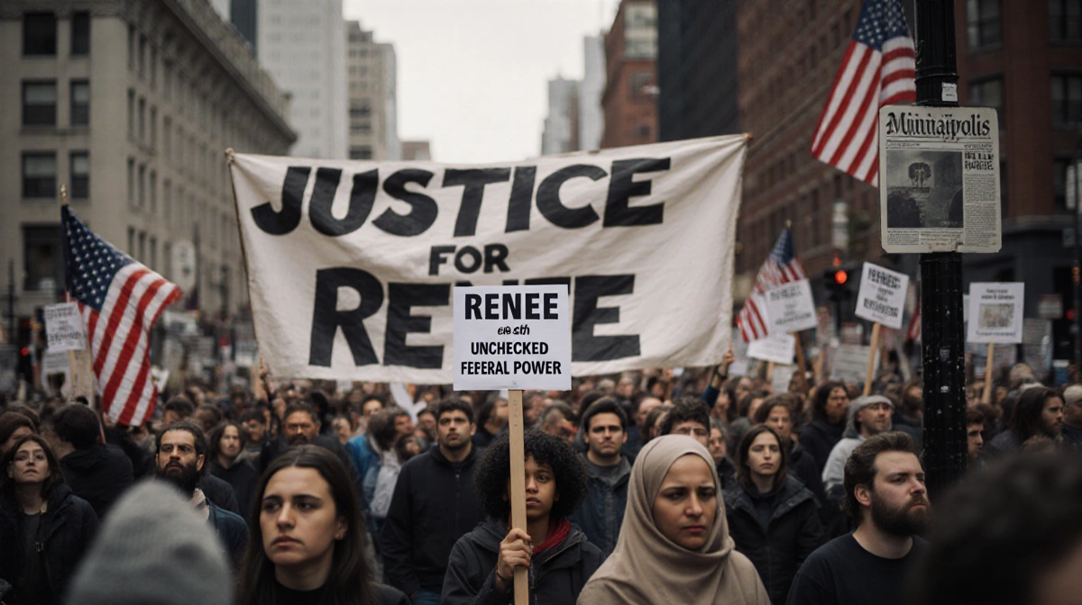 Protesters hold Justice for Renee banner with signs about unchecked federal power and faded US flag showing Minneapolis conne