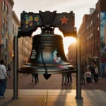 Liberty Bell replica glows in golden dusk light with hand-painted murals and diverse neighbors gathering around the polished