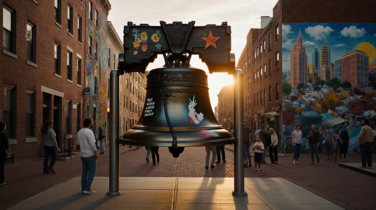 Liberty Bell replica glows in golden dusk light with hand-painted murals and diverse neighbors gathering around the polished