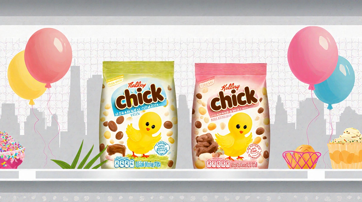 Two new marshmallow chick flavors sit on a Philadelphia grocery shelf with spring balloons and city skyline behind