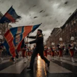 Lone figure struggling to secure banner with vibrant Mummers parade marching forward in turbulent weather