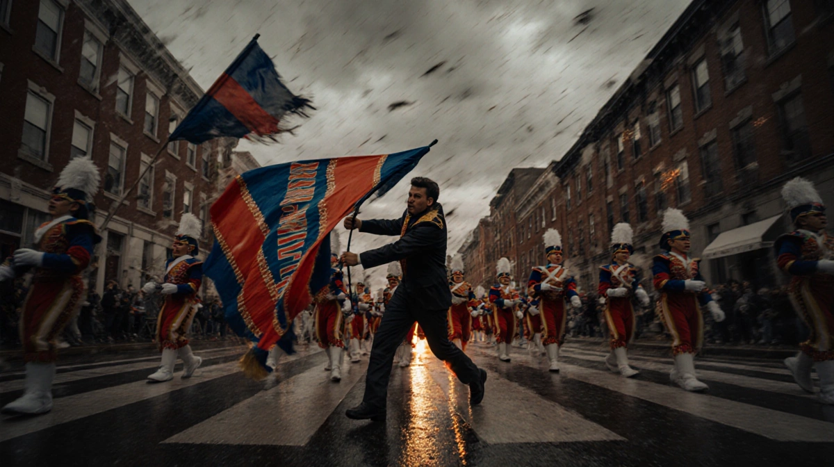 Lone figure struggling to secure banner with vibrant Mummers parade marching forward in turbulent weather