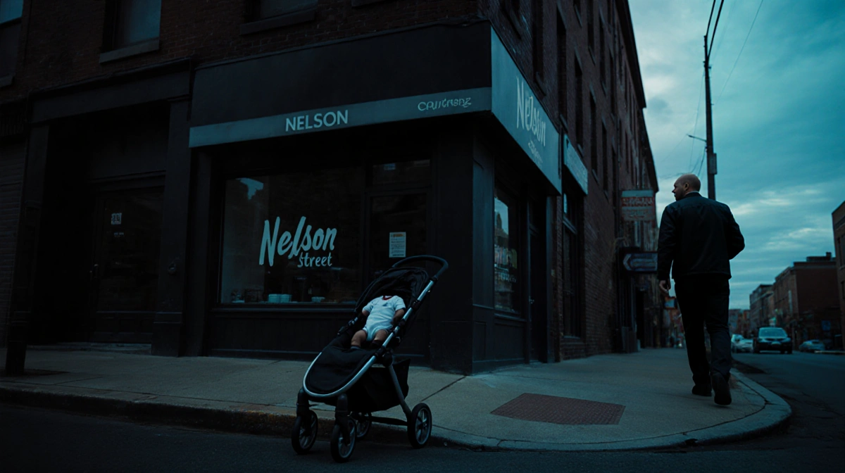 Man walking down Nelson Street with menacing glance over shoulder and abandoned stroller with baby
