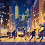 Commuters rushing to catch SEPTA trains with golden hour light and Philadelphia skyline in background