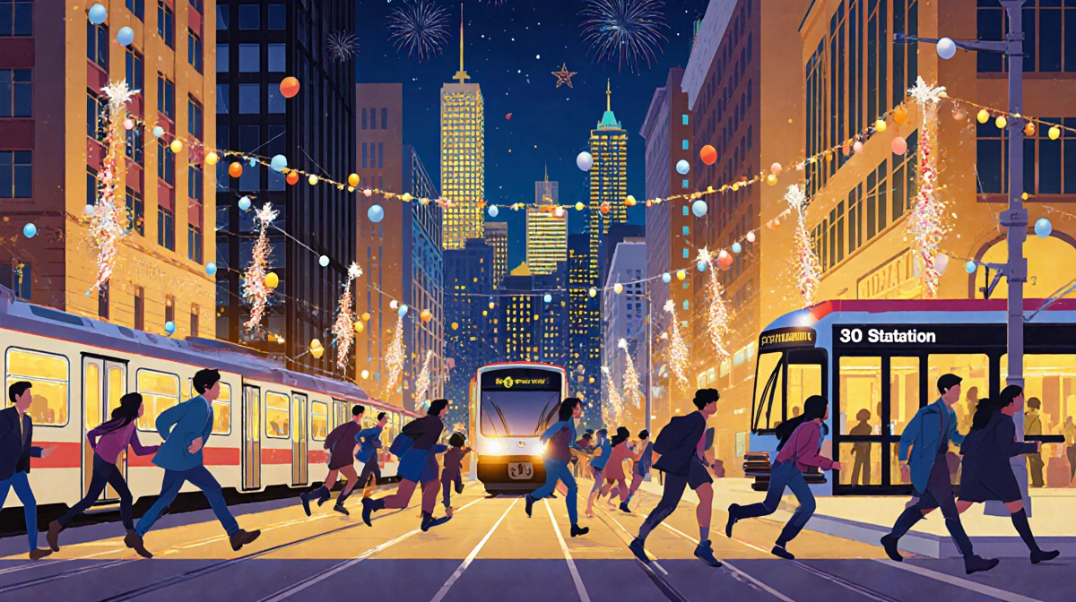 Commuters rushing to catch SEPTA trains with golden hour light and Philadelphia skyline in background