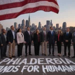 Philadelphia officials stand united holding hands with American flag and city skyline behind them