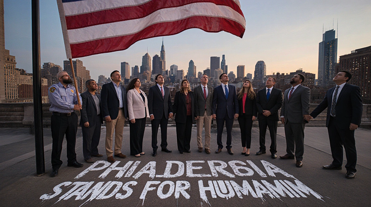 Philadelphia officials stand united holding hands with American flag and city skyline behind them