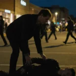 Mid‑30s man standing over young man lying in Philadelphia parking lot with yellow police lights and a blurred background