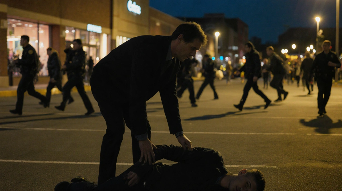 Mid‑30s man standing over young man lying in Philadelphia parking lot with yellow police lights and a blurred background