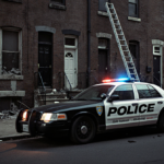 Police cruiser parked with flickering lights on a dark urban street near a dusty ladder.