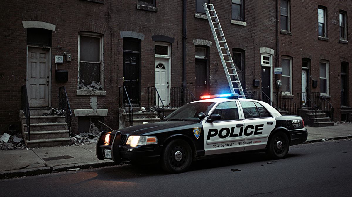 Police cruiser parked with flickering lights on a dark urban street near a dusty ladder.