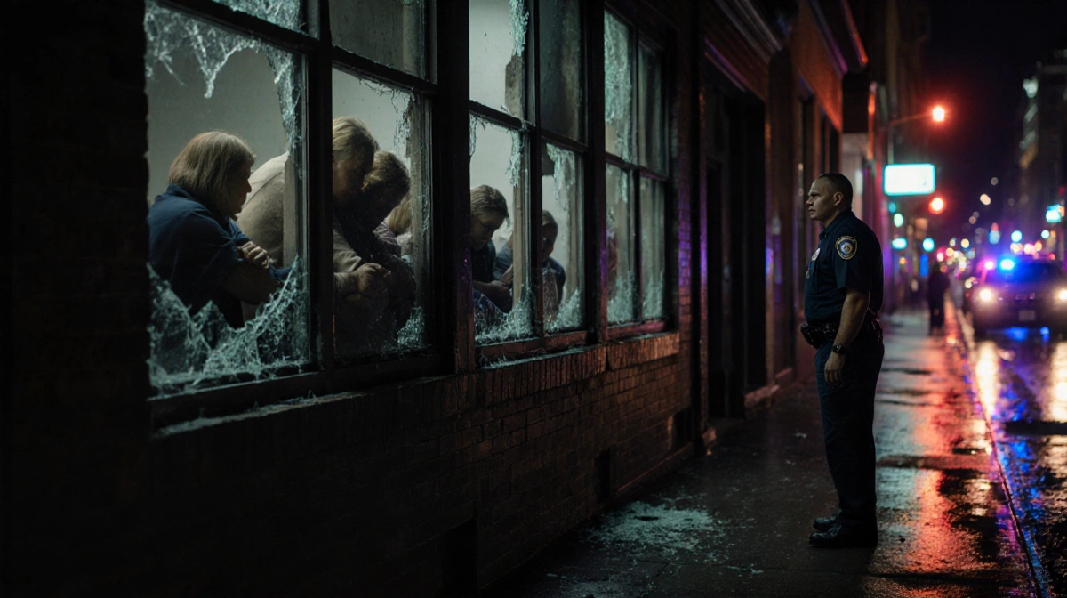 Shocked residents huddle at shattered windows with broken glass while police officer stands outside with neon lights reflecti
