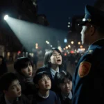 Chinese students huddle together with fear as police officer looms over them on dimly lit Philadelphia street