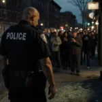 Police officer surveying broken storefront window with concerned crowd gathering under streetlights and phone glow