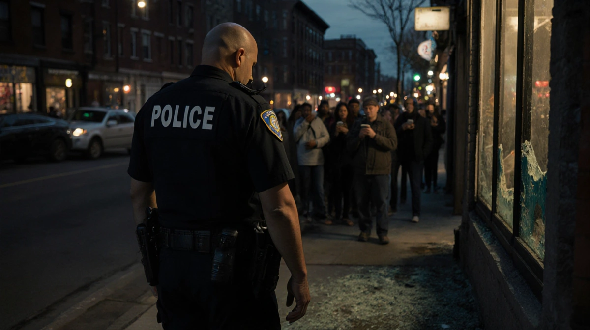 Police officer surveying broken storefront window with concerned crowd gathering under streetlights and phone glow