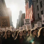 Diverse protesters march with unity signs past American flag on Philadelphia street with city skyline behind