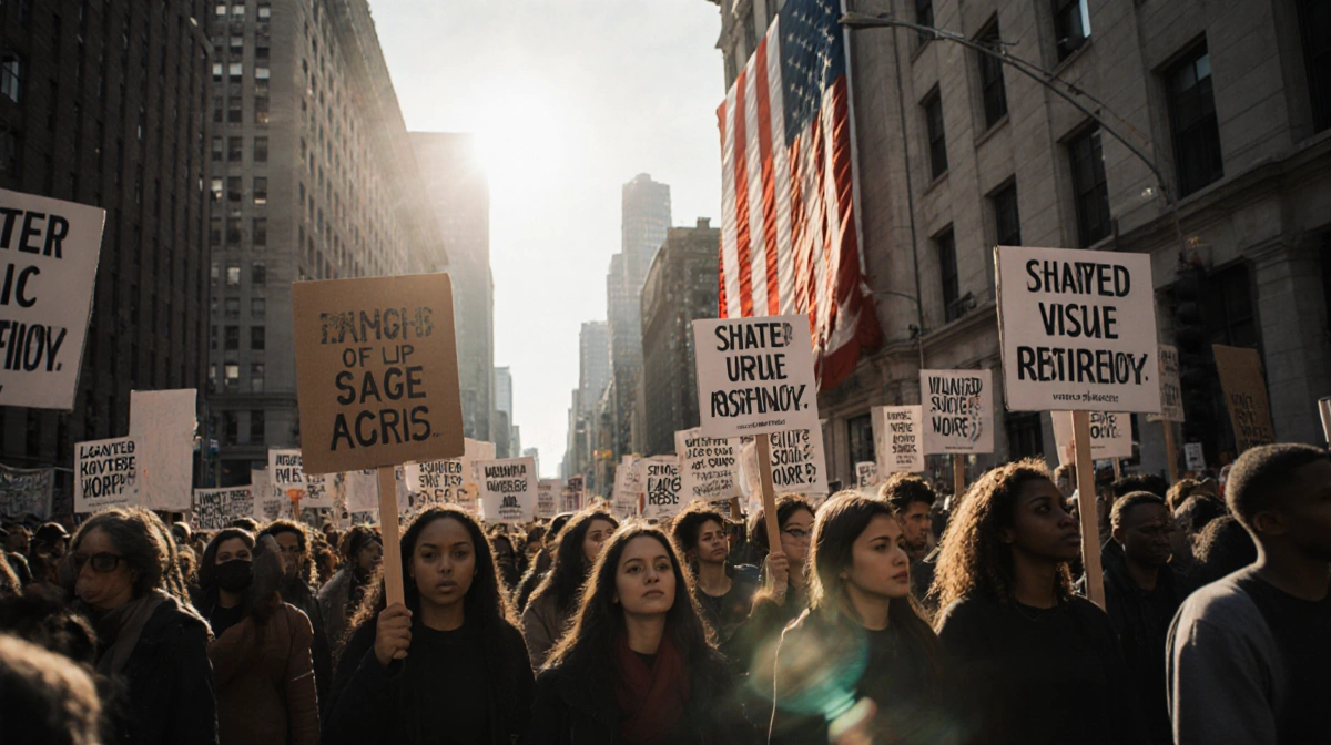 Diverse protesters march with unity signs past American flag on Philadelphia street with city skyline behind