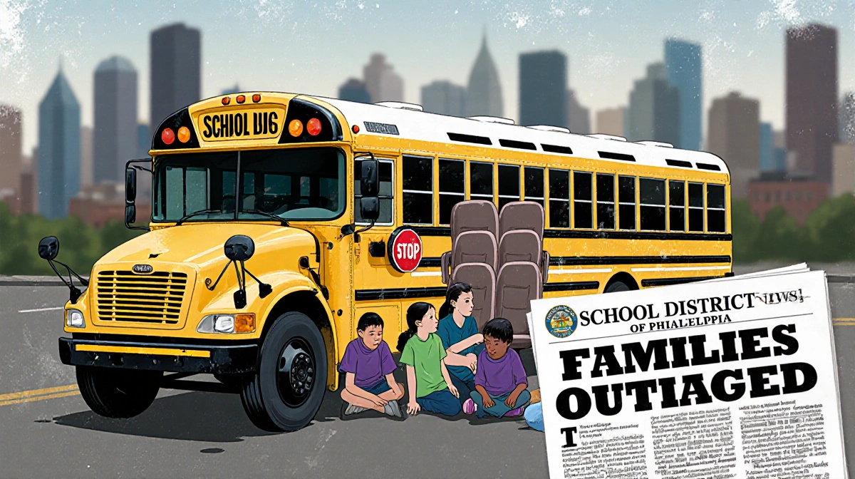 Students sitting on bus floor with empty seats and Philadelphia school district logo showing outrage
