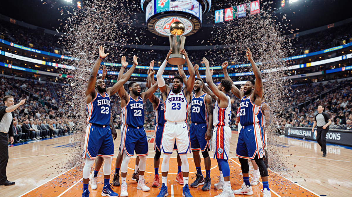 Joel Embiid basketball holding championship trophy with confetti exploding and Spectrum Arena seats orange blue silver