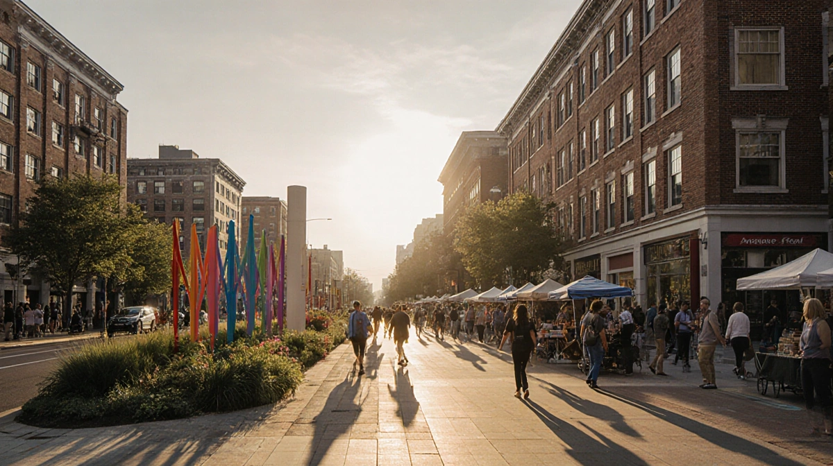 Morning sunlight illuminates South Broad Street with street performers and vendors amid historic buildings