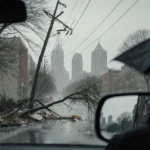 Power line hangs precariously over a rain‑slick Philadelphia street with wind‑blown trees and a commuter’s reflected skyline