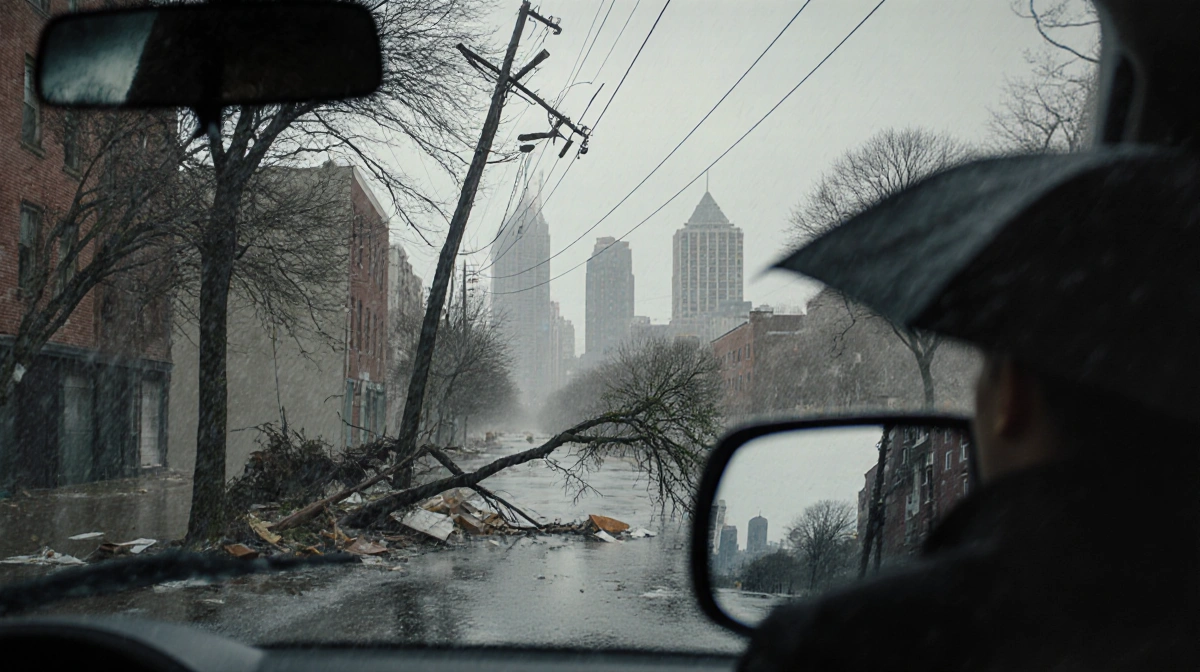 Power line hangs precariously over a rain‑slick Philadelphia street with wind‑blown trees and a commuter’s reflected skyline