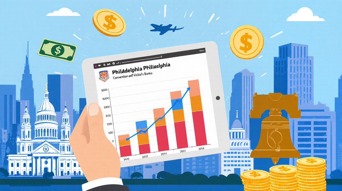 Person holds tablet showing visitor growth chart with Philadelphia skyline and Liberty Bell symbolizing tourism economic impa