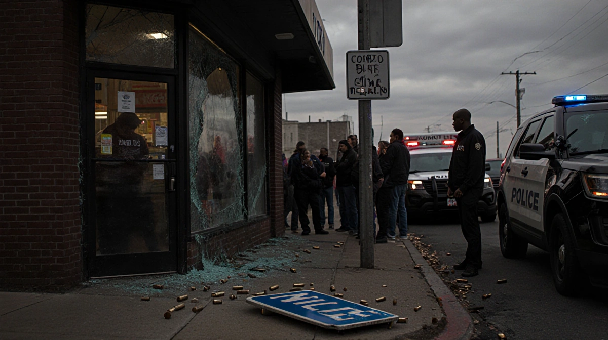 Concerned citizens gather behind police car and ambulance with broken storefront and shattered street sign