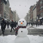 Snowman stands on Philadelphia sidewalk with snow-covered buildings and people walking through falling snow