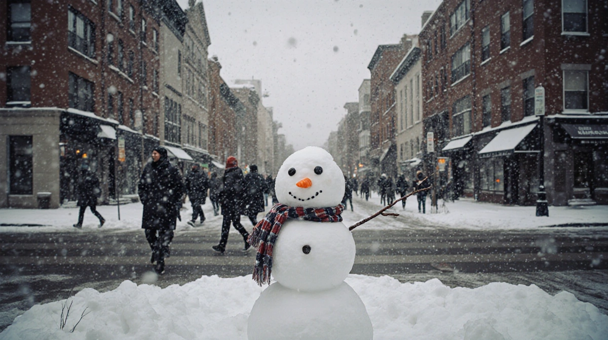 Snowman stands on Philadelphia sidewalk with snow-covered buildings and people walking through falling snow