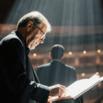 Philip Glass standing on stage at the Kennedy Center looking at his score with a warm spotlight and a blurred empty hall behi