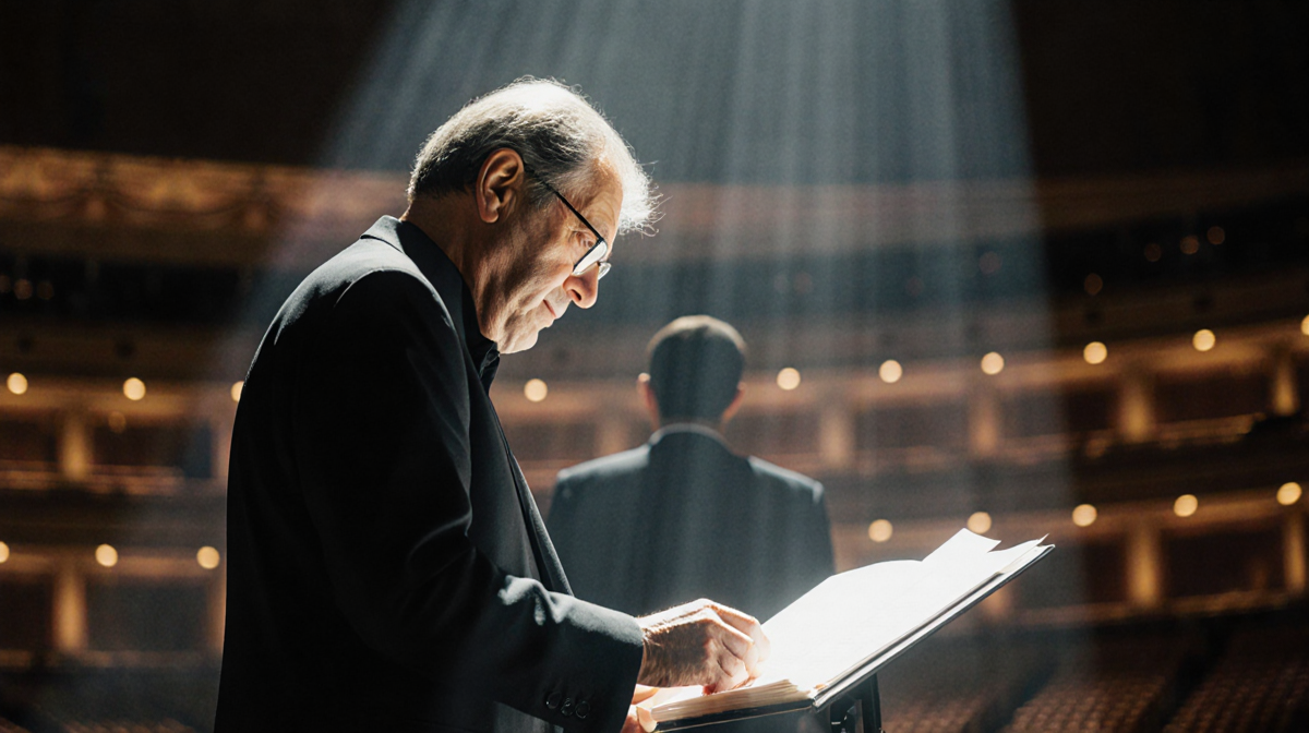 Philip Glass standing on stage at the Kennedy Center looking at his score with a warm spotlight and a blurred empty hall behi